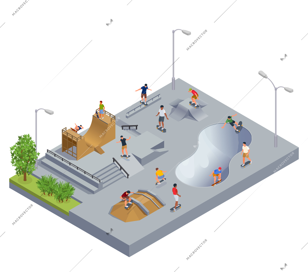 Skate park concept with sport activity symbols isometric vector illustration