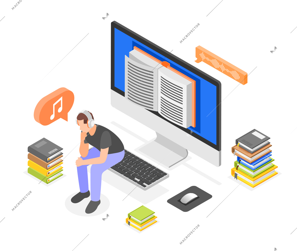 Audio books isometric composition with icons of desktop computer book stacks and sitting guy in headphones vector illustration