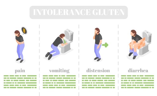 Gluten intolerance isometric composition with set of images representing symptoms vomiting and distension on blank background vector illustration
