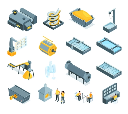 Glass production isometric set of equipment for washing and sifting sand blowing glass pulling out and cutting isolated vector illustration