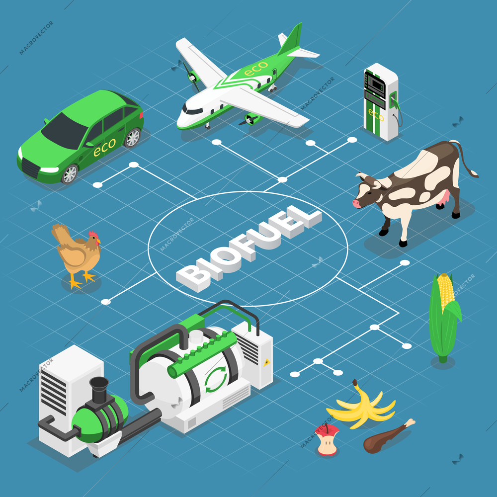 Biofuel biogas production isometric composition with flowchart of fuel supplies plant facilities isolated icons and text vector illustration