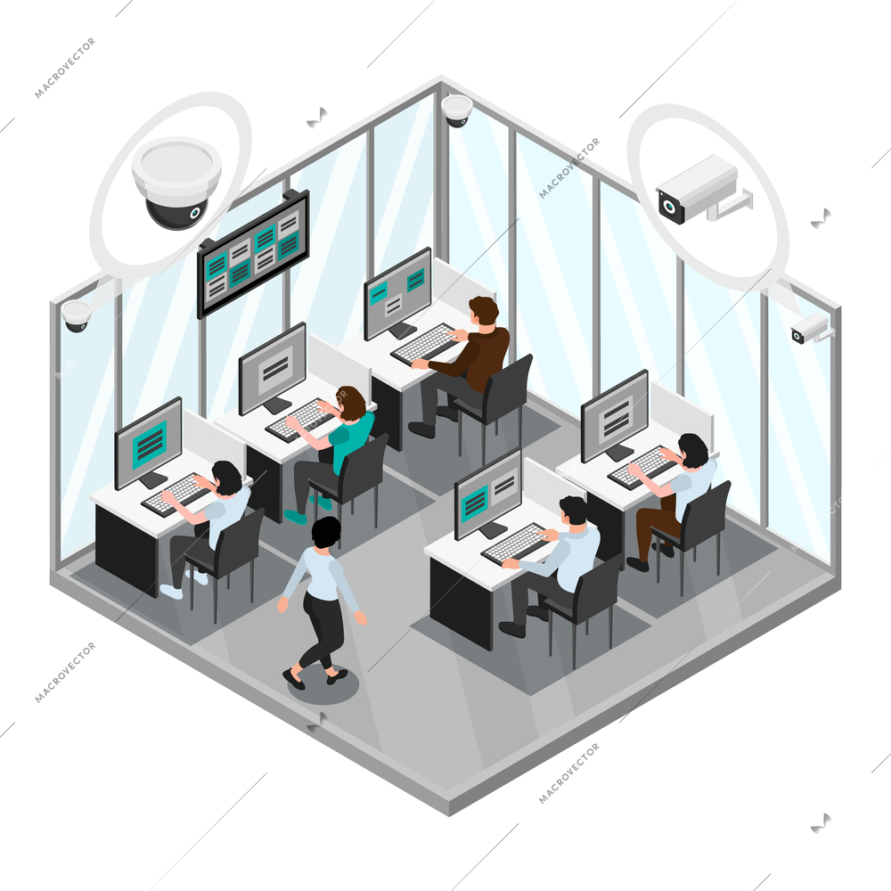 Access control system isometric composition with view of office with workers at computers and cctv cameras vector illustration