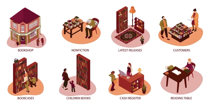 Isometric books shop composition set with bookshop nonfiction latest releases customers bookcases children books cash register reading table descriptions vector illustration