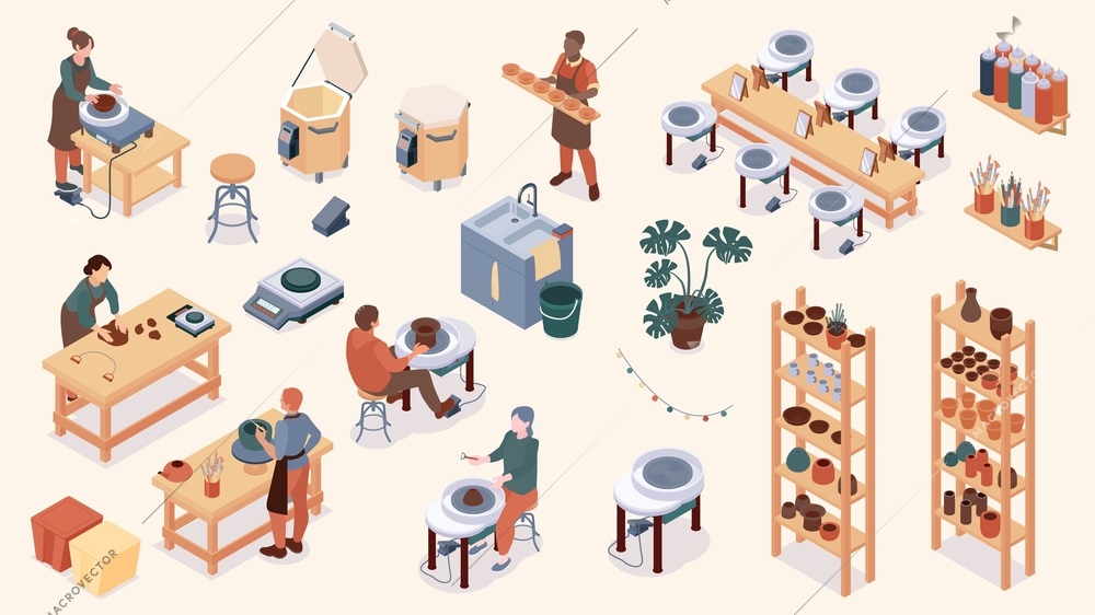 Isometric handmade pottery icon set shelves stove tables stools all other tools of the studio vector illustration