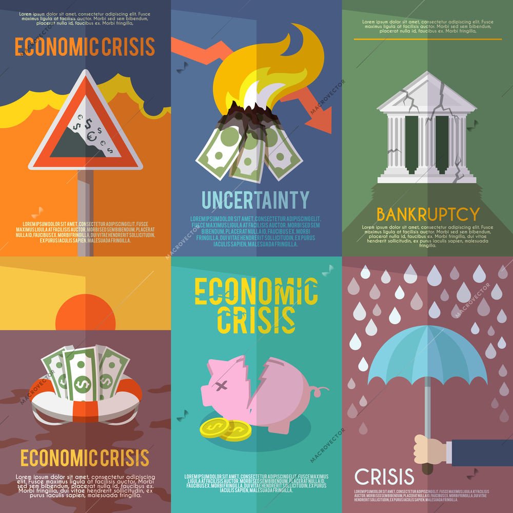 Economic crisis mini poster set financial bankruptcy flat isolated vector illustration