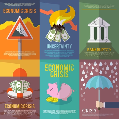 Economic crisis mini poster set financial bankruptcy flat isolated vector illustration