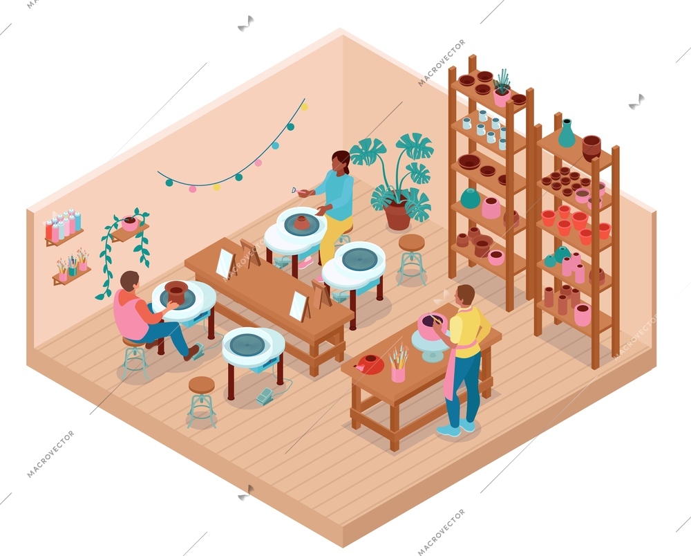 Isometric colored pottery concept three employees make pots in an isolated room vector illustration