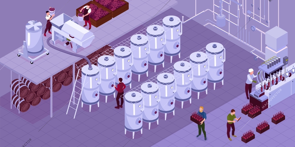 Isometric wine production composition shop at the winery where the wine is fermented vector illustration