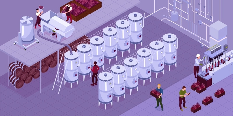 Isometric wine production composition shop at the winery where the wine is fermented vector illustration