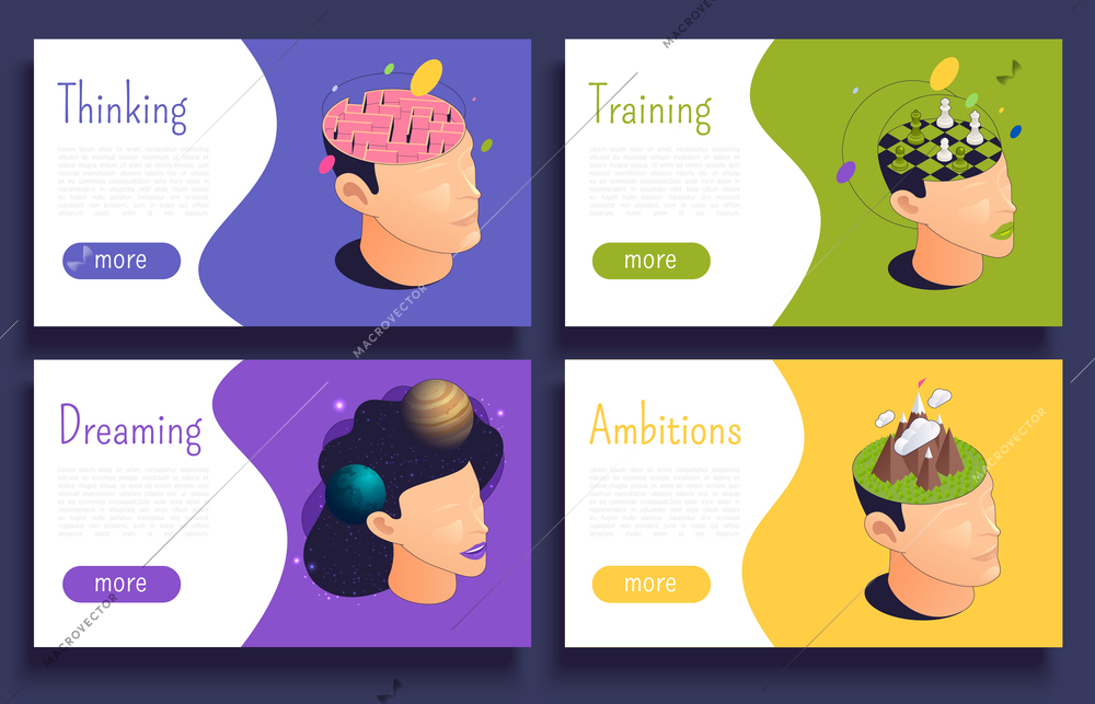 Emotional intelligence thinking mental concepts isometric set of horizontal banners with human heads buttons and text vector illustration