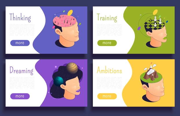 Emotional intelligence thinking mental concepts isometric set of horizontal banners with human heads buttons and text vector illustration