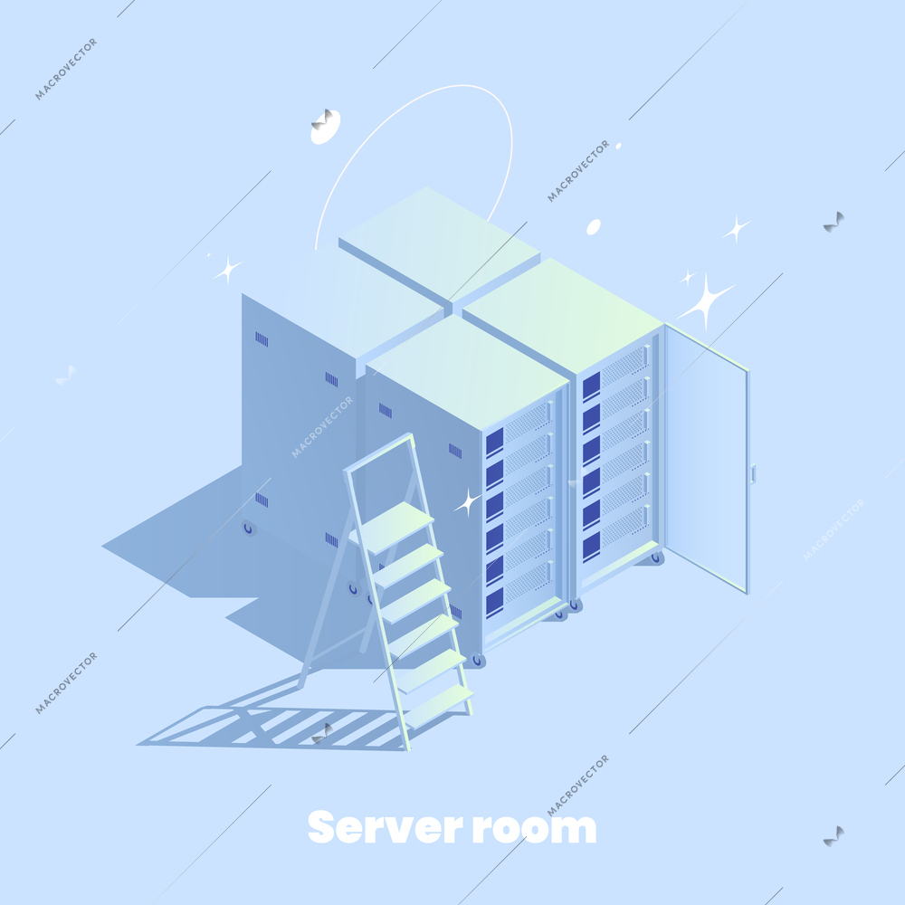 Web hosting isometric composition of server rack icons ladder and editable text with silhouettes of stars vector illustration