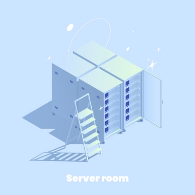 Web hosting isometric composition of server rack icons ladder and editable text with silhouettes of stars vector illustration