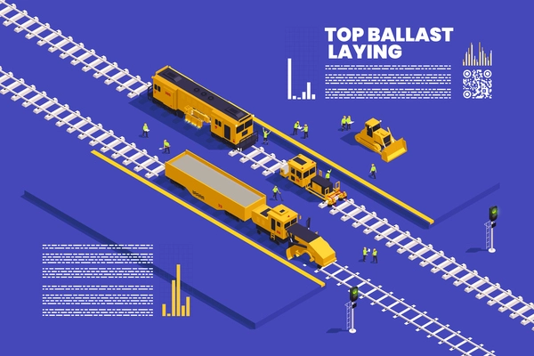 Railroad track laying construction vehicles railway equipment machines isometric infographics with editable text and bar charts vector illustration
