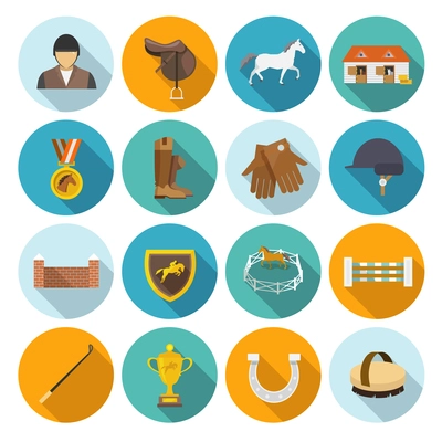 Jockey flat icons set with trophy rider derby champion isolated vector illustration