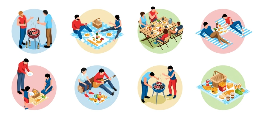 Isometric barbecue icons set with picnic basket and grill equipment isolated vector illustration