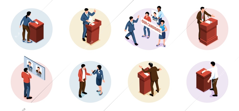 Isometric election compositions set with political debates and voting procedure symbols isolated vector illustration