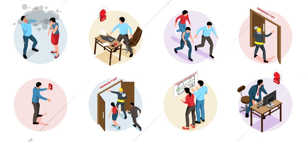 Isometric fire alarm icons set with evacuation plan isolated vector illustration