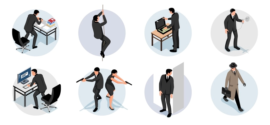 Isometric espionage icons set with male and female secret agents isolated vector illustration