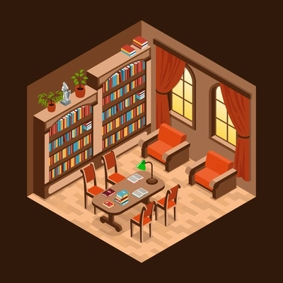 Isometric library interior with luxury furniture and bookshelves vector illustration
