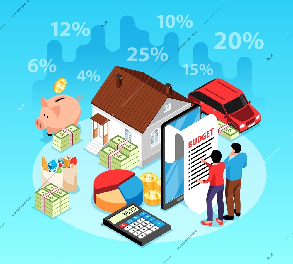 Isometric family budget concept with people counting money spending on real estate and car vector illustration