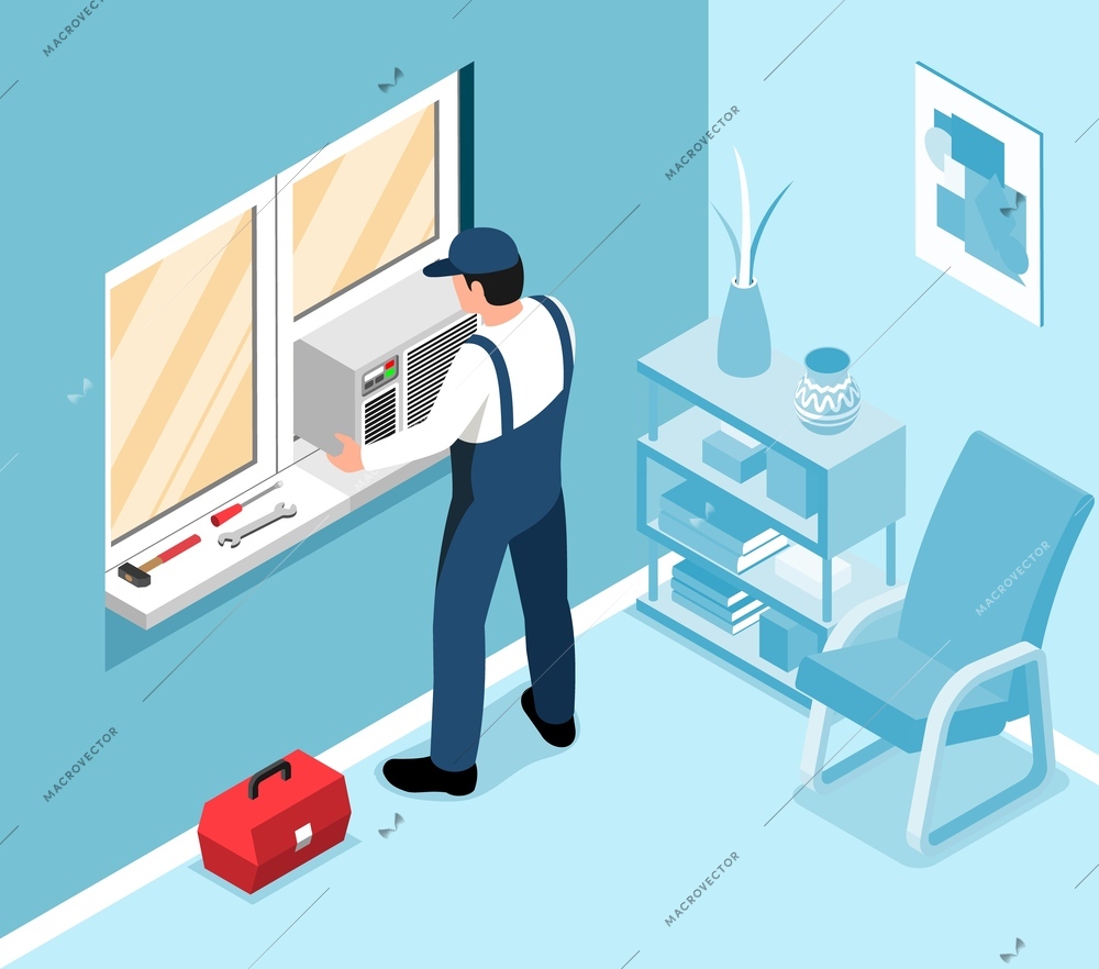 Air condition installation concept with handyman assembling cooling system isometric vector illustration