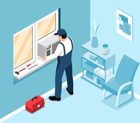 Air condition installation concept with handyman assembling cooling system isometric vector illustration