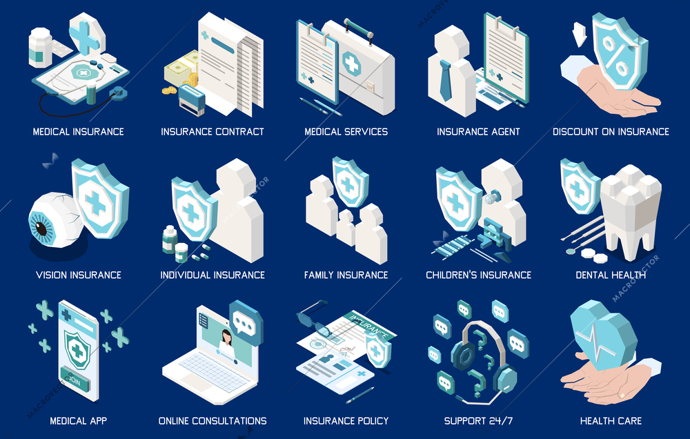 Health medical insurance isometric icons set with healthcare app symbols isolated vector illustration