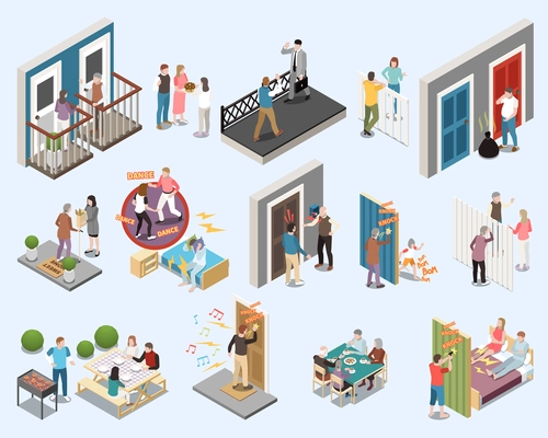 Neighbors isometric icons set with people chatting friendly and having parties isolated vector illustration