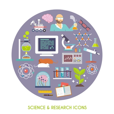 Science and research concept with flat lab equipment icons set vector illustration