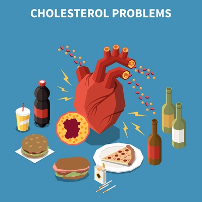 Cholesterol problems isometric concept with good and bad fat products vector illustration