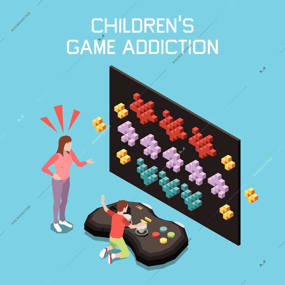 Gadget addiction isometric concept with child playing game console vector illustration