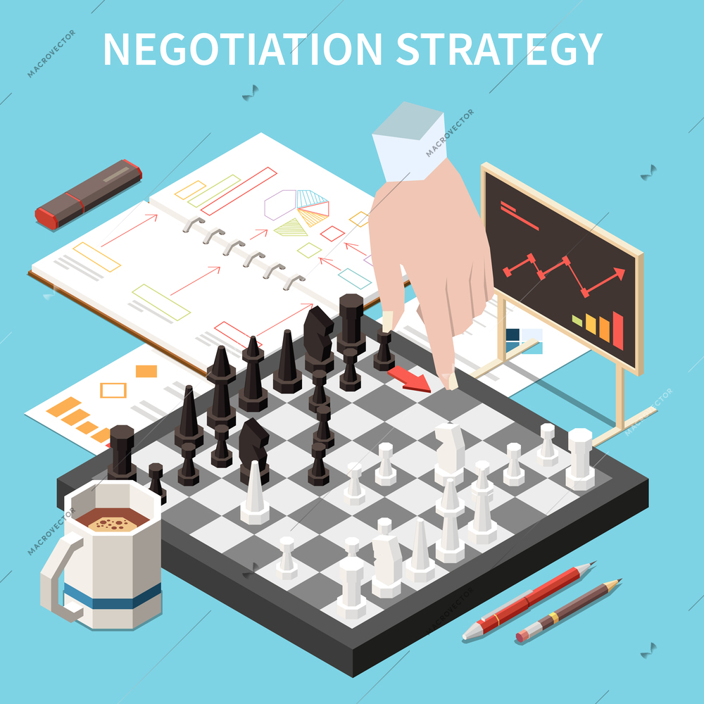 Business agreement isometric concept with negotiation strategy symbols vector illustration