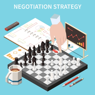 Business agreement isometric concept with negotiation strategy symbols vector illustration