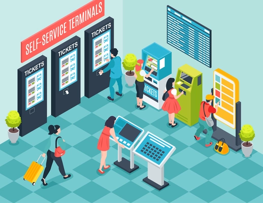 Isometric self service composition with indoor view of mall booth with atms and touchscreen ticketing machines vector illustration