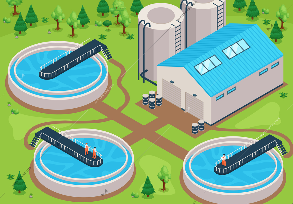 Isometric water purification technology composition with outdoor scenery of forest with aeration units and human workers vector illustration