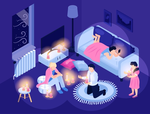 Isometric power outage composition with indoor scenery and room with family members burning candles during blackout vector illustration