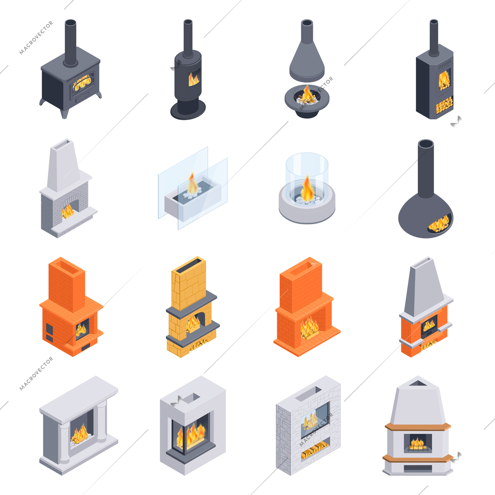 Isometric fireplaces set with isolated icons of different stoves with burning fire and various interior solutions vector illustration