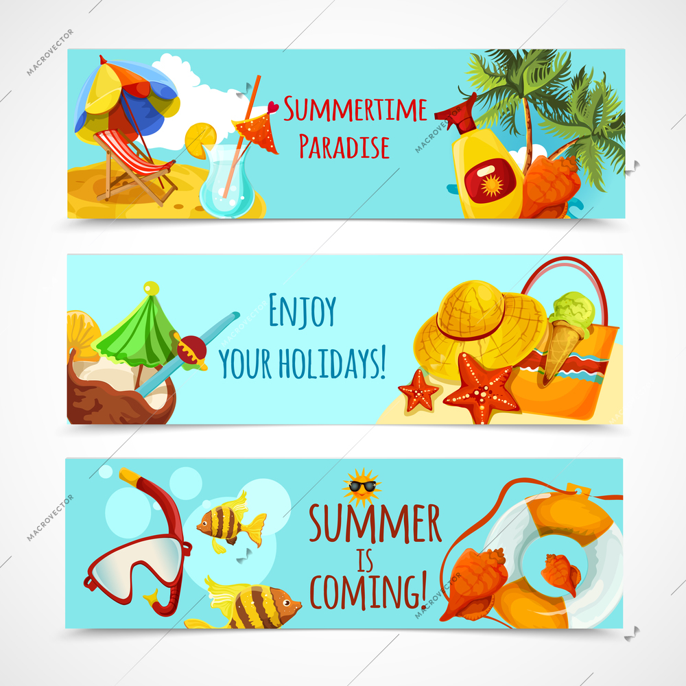 Summer holidays horizontal banners set with recreation elements isolated vector illustration