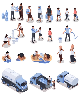 Water scarcity isometric set of people suffering from lack of water and volunteers distributing gallons vector illustration