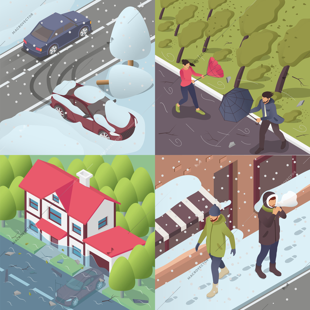 Bad weather 2x2 design concept set of four square fragments with natural flood strong wind and snowfall isometric vector illustration