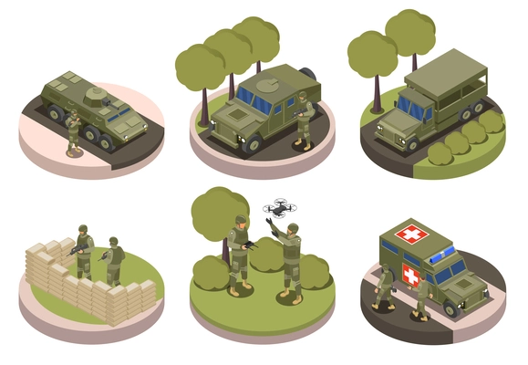 Soldiers equipment isometric compositions with heavy machinery drones male characters with weapon in camouflage uniform isolated vector illustration