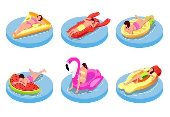 People sunbathing on inflatable swimming accessories of bright lights and extravagant shapes colored isometric compositions isolated vector illustration