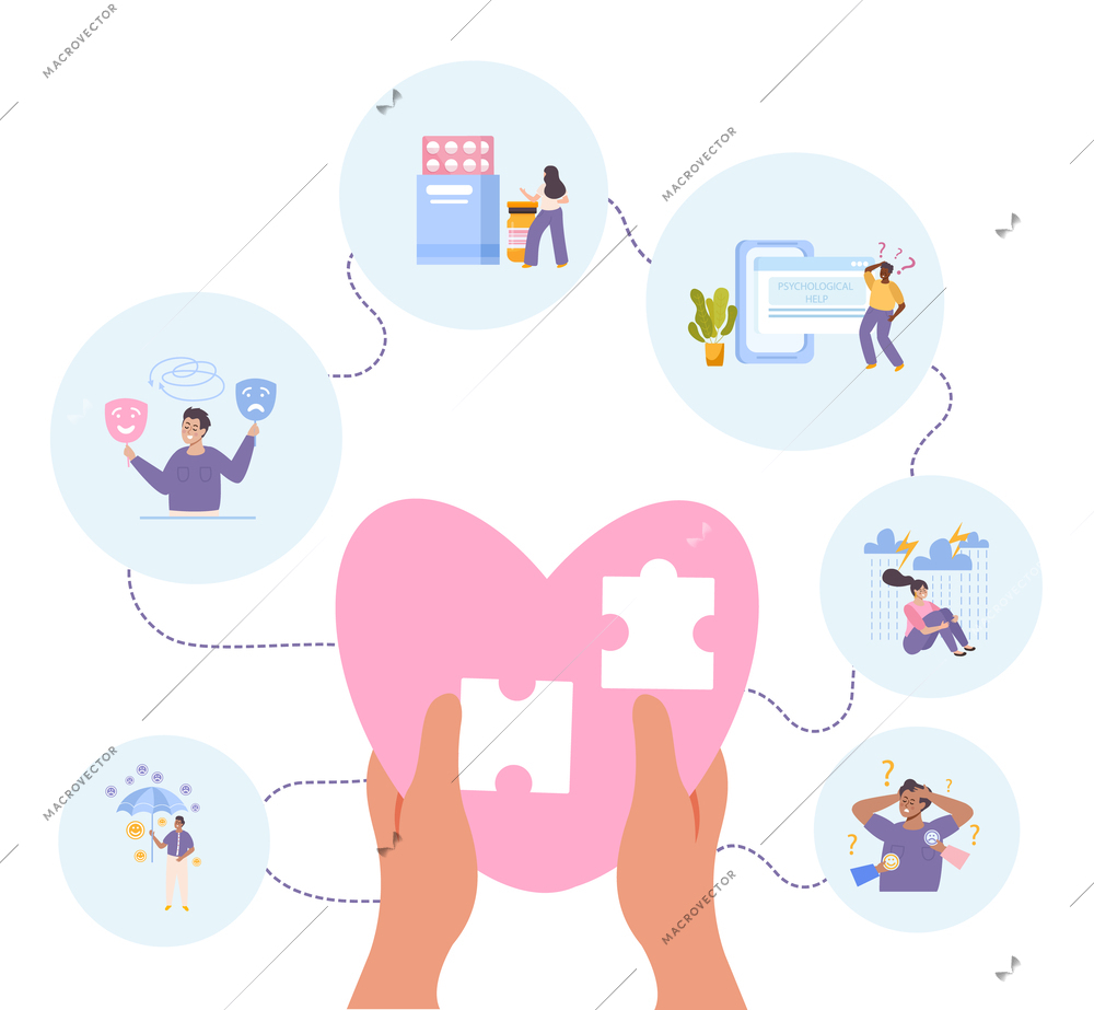 Open mind psychotherapy concept with problem solving symbols flat vector illustration