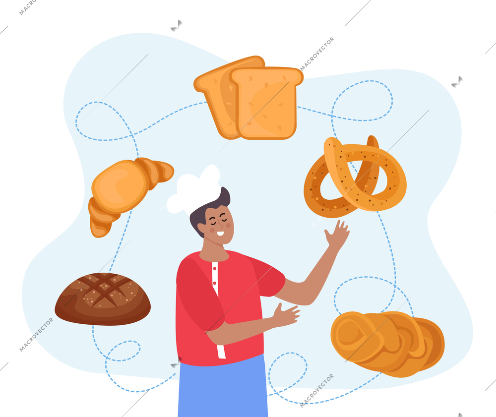 Baking bread and pastry concept with assortment symbols flat vector illustration
