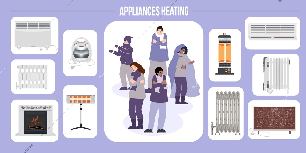 Heating appliances flat infographics with compositions of freezing people and various types of radiators heater apparatus vector illustration