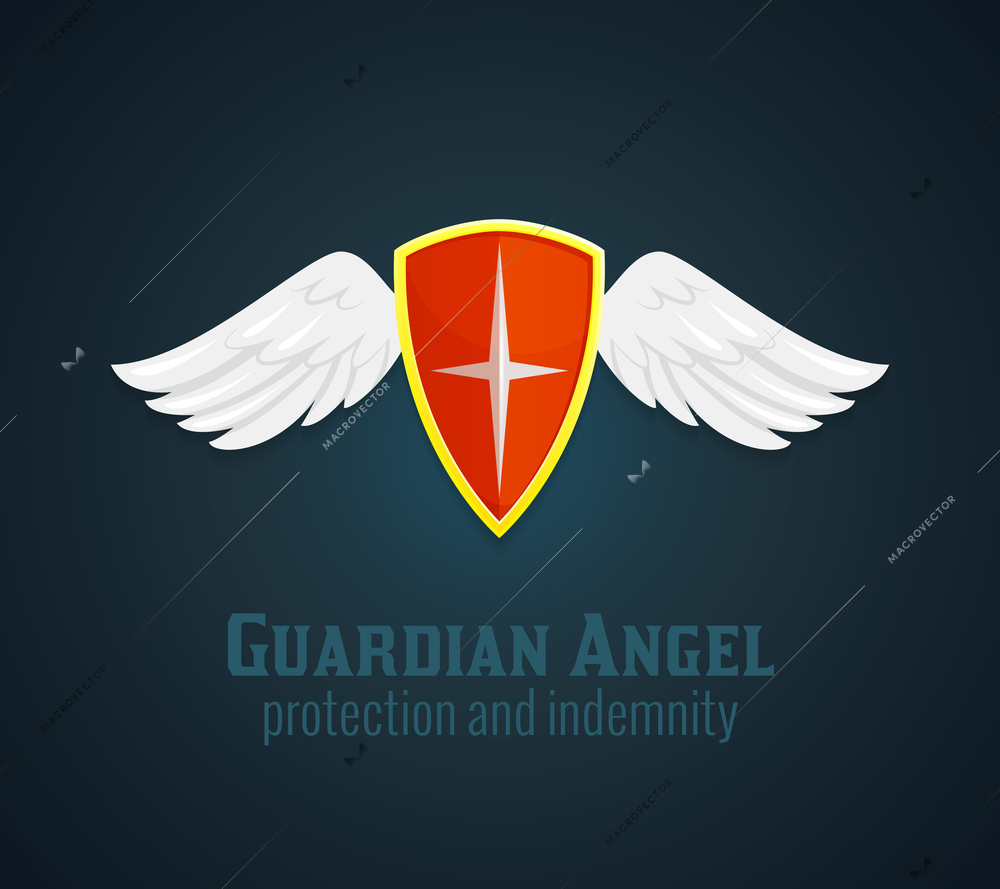 Antique medieval shield and wings icon with guardian angel protection and indemnity text flat vector illustration