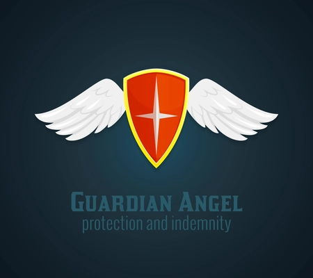 Antique medieval shield and wings icon with guardian angel protection and indemnity text flat vector illustration