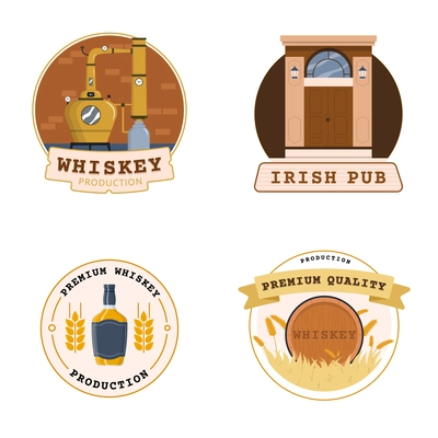 Whiskey production flat 2x2 set of isolated compositions with editable text on emblem badges and icons vector illustration