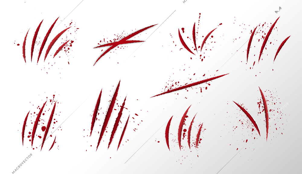 Claw scratches texture with blood drops realistic set vector illustration
